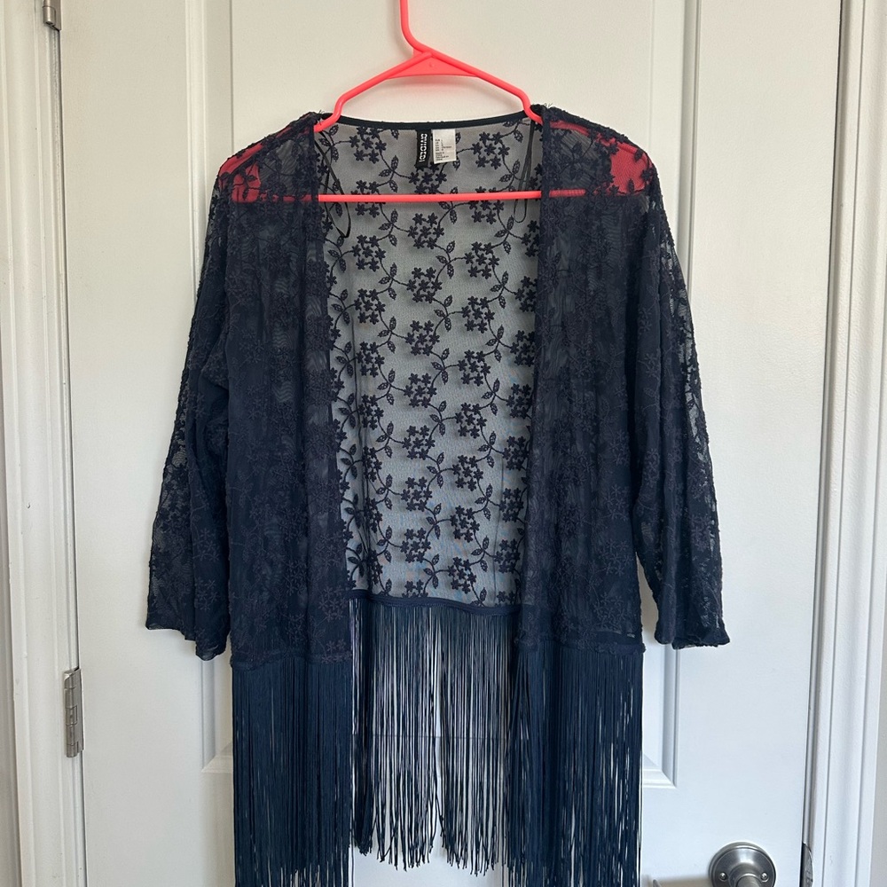 Navy Blue Lace Fringe Open-Front Women's Kimono